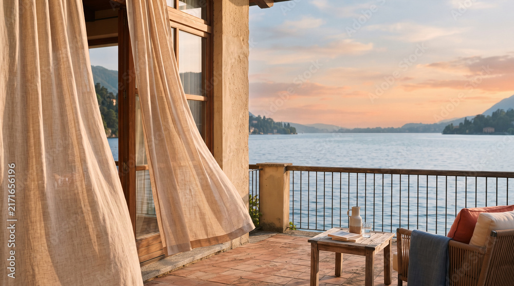 Fototapeta premium Balcony view of serene lake at sunset with sheer curtains gently blowing