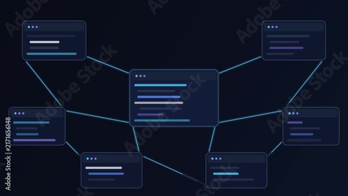 Interconnected Coding Windows and Software Programming Screen Interface Motion Graphics Loop