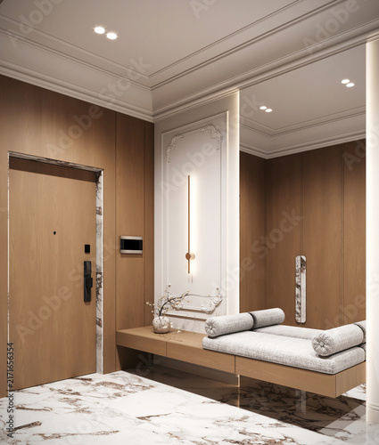Obraz na płótnie Contemporary apartment entrance with wood paneling, marble flooring, built-in bench, decorative molding and warm recessed lighting creating a refined luxury foyer