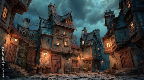 Medieval village square features rustic timber-framed houses illuminated by warm glowing lanterns under a dark moody overcast sky at twilight.