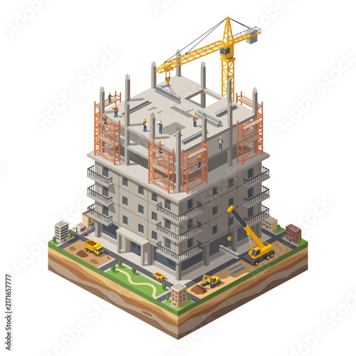 Building under construction is shown with a tall crane, scaffolding, exposed concrete pillars, and smaller construction vehicles on the ground level, illustrating an ongoing urban development project.