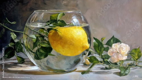 Lemon sits inside a clear glass fishbowl filled with water alongside a delicate white flower bloom on a rustic table surface, creating a calm and artistic atmosphere suitable for interior decoration.