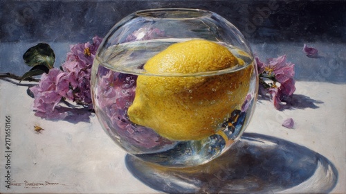Lemon floating inside a clear glass spherical bowl rests on a white surface next to delicate purple flowers to create a bright and artistic still life composition for a modern interior display.