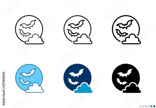 Flying bats with full moon icons in outline and solid styles, Editable stroke.