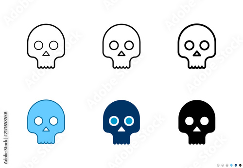 Human skull icons in outline and solid styles, Editable stroke.