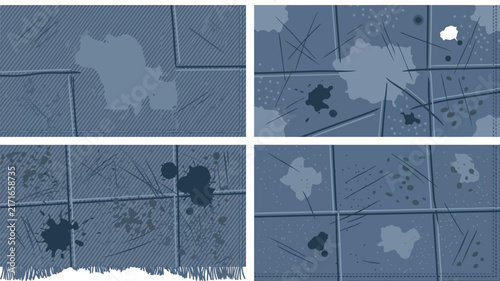 Dark Blue Stone Tile Texture Layouts Vector Set. Abstract Game Floor Background Templates with Scratches, Liquid Splatters, and Weathered Cracks. Dungeon UI Frame Design Elements.