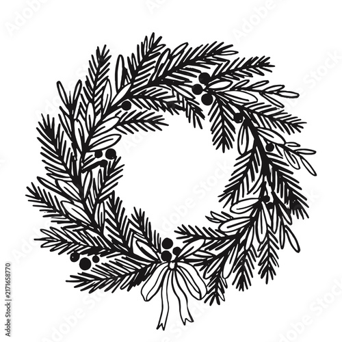Natural Evergreen Christmas Wreath with Winter Berries and Bow, Hand Drawn Rustic Holiday Botanical Doodle
