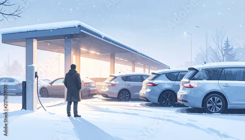 Winter charging park with snowy canopy queue of fogged cars and man beside post generative AI