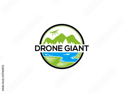 Drone and landscape illustration within a circular logo design on white background