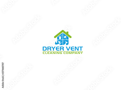 House shaped logo with cleaning tools vector illustration on white background