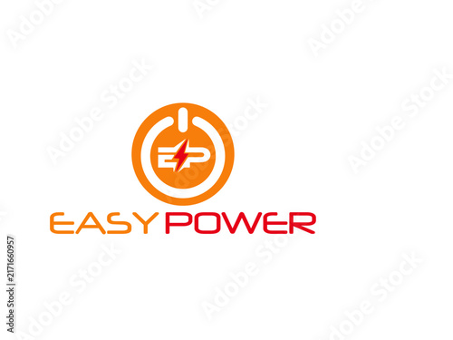 Orange circular power icon with lightning bolt and text logo