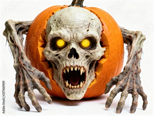 Carved Orange Halloween Pumpkin with Glowing Skeleton Skull Face and Hands