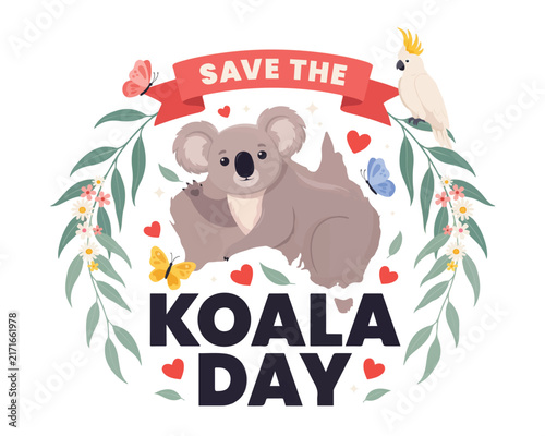 Photography Save the Koala Day Vector Illustration, Australian Wildlife Protection and Natur