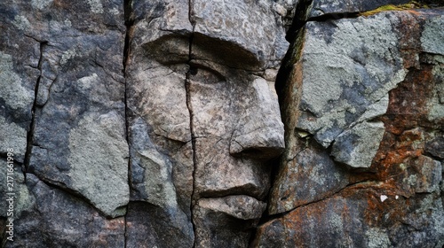 Stone face carved into the rugged rock wall stands out as a mysterious human silhouette emerging from the natural geological formations of a cliffside landscape under daylight conditions for.