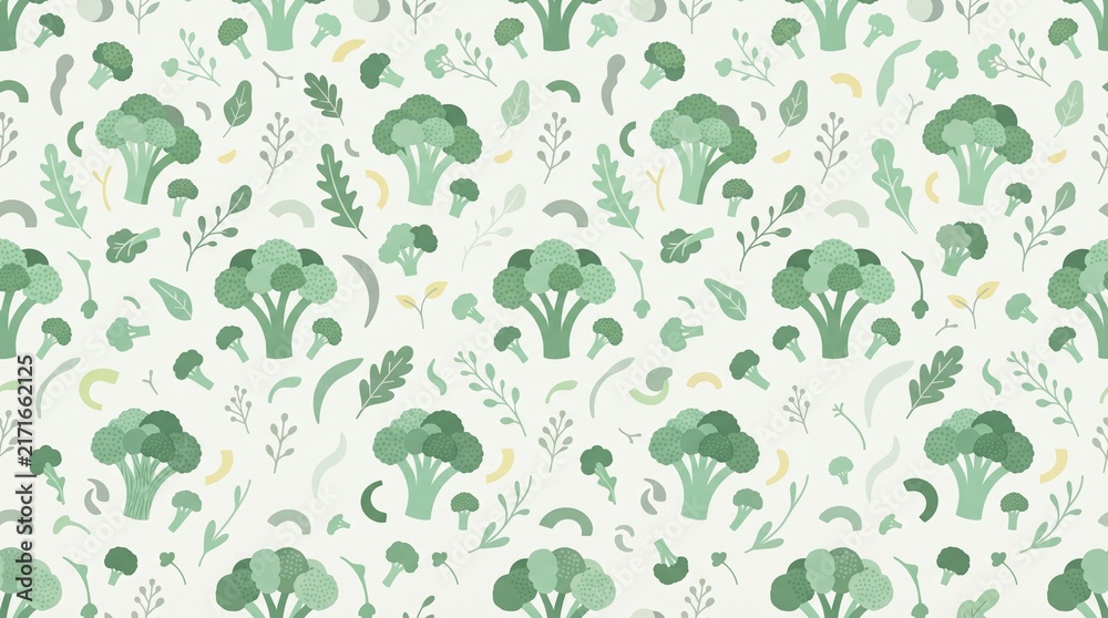 Seamless broccoli vegetable pattern in flat design with green florets, leaves and stems, ideal for food packaging, kitchen textiles, wallpaper and surface design.
