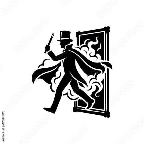 фотографія Magician in top hat and cape emerging from a smoky doorway with a wand