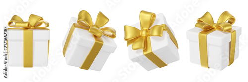3d set of white gift boxes tied with shiny gold ribbons isolated on background. Elegant holiday packaging icons for campaigns, ads, branding, birthday, parties, Christmas.
