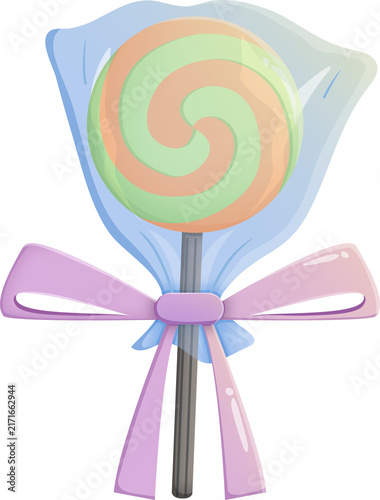 Vector illustration of a sweet spiral lollipop in transparent wrapping paper with a pink ribbon bow