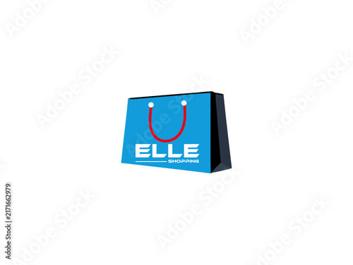 Blue shopping bag with red handle and elle shopping text on white background