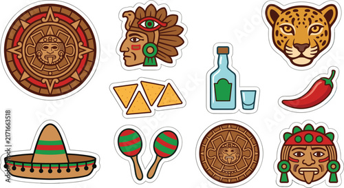 Mexican culture and Mayan tradition sticker set with sombrero, jaguar, aztec calendar, and nachos elements