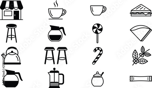 Minimalist coffee shop and cafe icon set with food, drink, and barista equipment elements