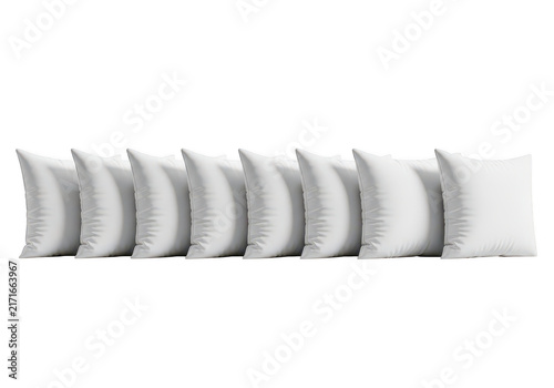 Row of many soft white square pillows isolated on transparent background