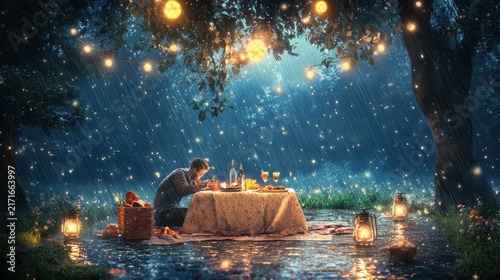Man sits alone at a dining table set for one under a tree illuminated by fairy lights while rain falls softly around him in a magical and melancholic outdoor garden setting at night time.