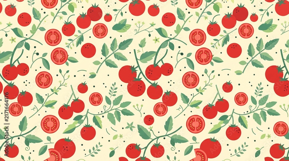Seamless cherry tomato pattern flat design with red fruits, green stems and botanical accents, suitable for food packaging, kitchen textiles, wallpaper, fabric and surface design.