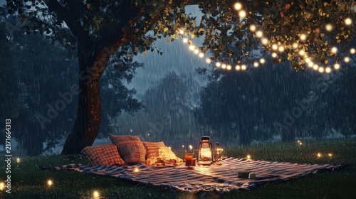 Picnic blanket is spread out under a large tree decorated with glowing string lights during a gentle evening rain shower creating a cozy and romantic atmosphere in the middle of a quiet forest.