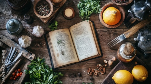 Cookbook rests centrally on a dark wooden table covered with a variety of fresh organic produce including lemons, garlic, herbs, and nuts to inspire a creative and healthy home cooking experience.