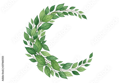 Watercolor green leaf wreath in a crescent moon shape isolated on transparent background