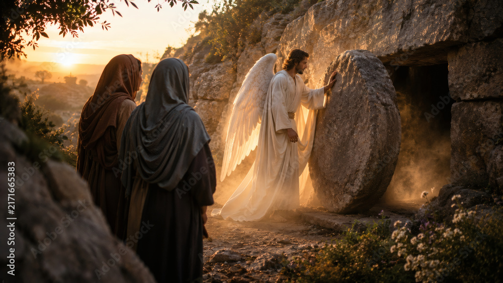 Fototapeta premium Angel Of God Rolls Away The Stone From The Tomb Of Jesus As Two Women Arrive At Dawn