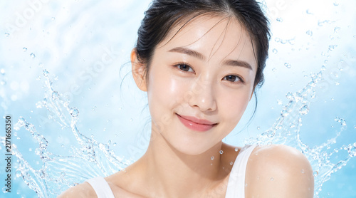 Plakat 水しぶきを浴びて弾けるような笑顔を見せるみずみずしい美肌の女性