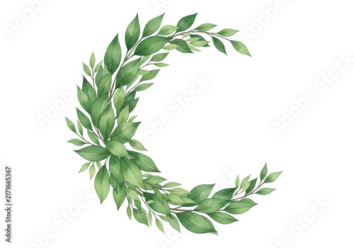 Watercolor green leaves wreath in a crescent moon shape isolated on transparent background