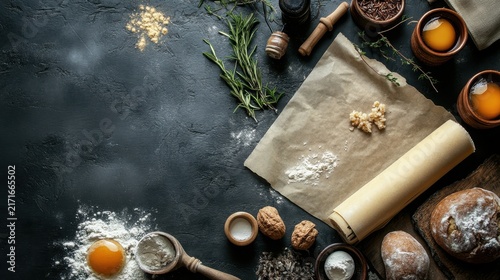 Ingredients for artisanal bread preparation are displayed on a dark rustic surface with flour, raw eggs, herbs, and a rolling pin arranged to provide ample copy space for culinary branding needs.