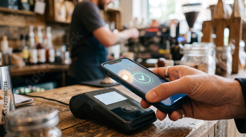 Customer paying with smartphone using contactless technology at a cafe counter
