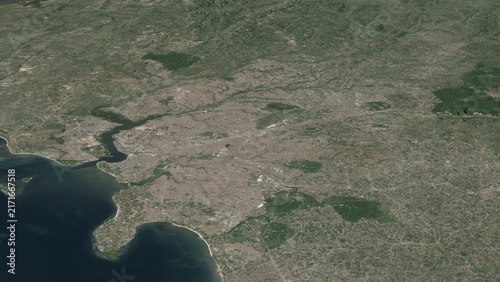 3D illustration of Dar es Salaam, United Republic of Tanzania. Contains modified Copernicus Sentinel data (2023). Surface/elevation: ESA/Copernicus.