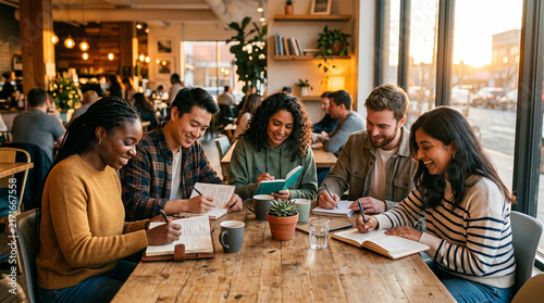 Diverse group of young adults studying together in a bright cafe with warm lighting and a sunset view