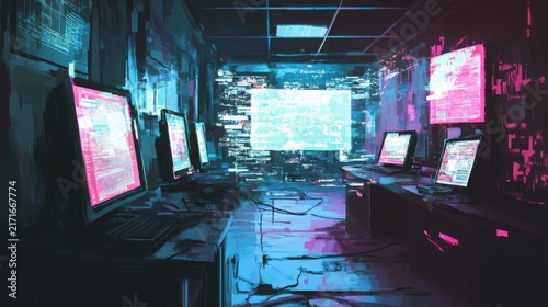 Cyberpunk data center with multiple glowing computer screens displays complex code and digital information in a dark, futuristic server room environment, emphasizing advanced technology.