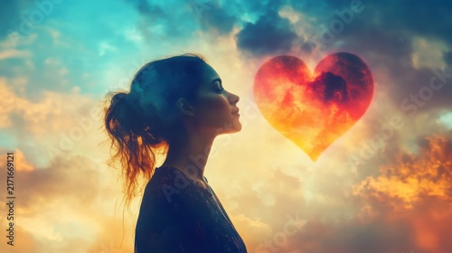 Woman with closed eyes gazes serenely at a glowing, fiery heart floating amidst a vibrant, dramatic sky, symbolizing deep emotion, passion, or heartfelt dreams in a surreal composition.
