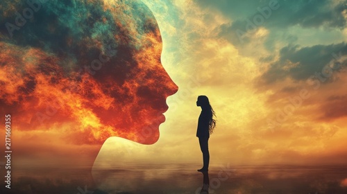 Silhouette of a lone person stands on a reflective surface, gazing towards a majestic, cloud-formed profile of a human face, set against a dramatic, fiery sunset sky, symbolizing introspection.