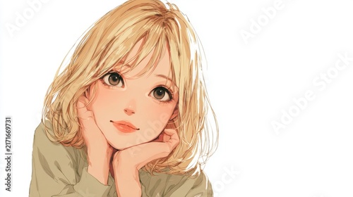 Cute minimal innocent girl, blonde hair, big soft eyes, round mochi face, white background