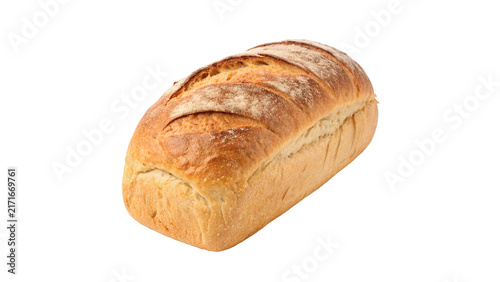 Foto Whole fresh loaf of traditional crusty wheat bread isolated on a white backgroun