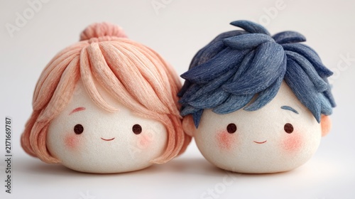 Cute mochi couple, girl with peach hair, boy with navy blue hair, soft gentle faces, white background