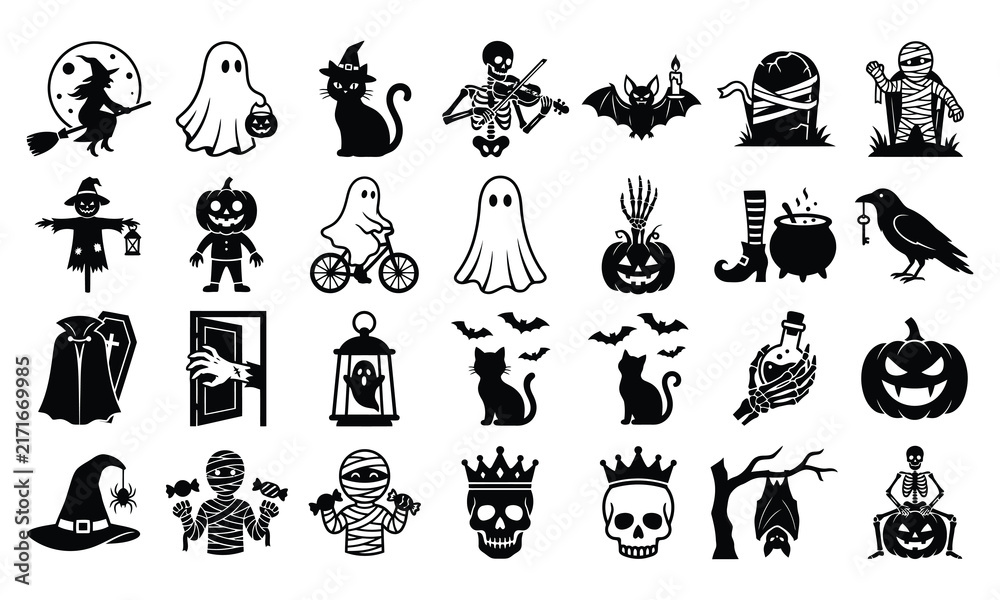 Fototapeta premium Creepy Halloween characters and elements solid glyph icon set