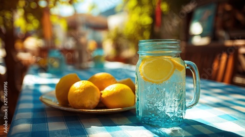 Lemon water in a rustic mason jar, accompanied by a plate of fresh lemons, sits on a blue and white checkered tablecloth in a sunny outdoor cafe setting.