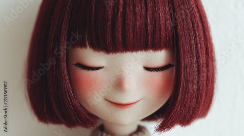 Minimal mochi girl with deep red bob hair, tiny blush, cute warm smile, clean white background