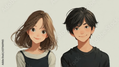 Mochi couple portrait, girl with soft brown hair, boy with black hair, warm gentle smiles, minimal white background