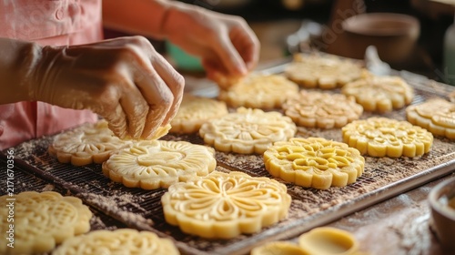 Human hands delicately decorate freshly baked mooncakes arranged on a baking tray, showcasing intricate patterns and the traditional art of pastry making in a warm kitchen environment.