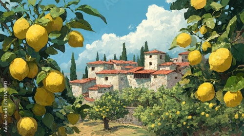 Lemon trees laden with bright yellow fruit frame a picturesque Mediterranean village, featuring charming white buildings with red roofs under a clear blue sky, evoking a serene European landscape.
